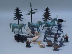 Mixed lot: 20 metal figures - various: Indians, soldiers, trees, horses and other animals, lead/tin,