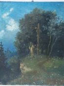 Unknown - Pilgrim at a wayside cross, oil on canvas, illegibly signed lower right, ca.60x50cm,