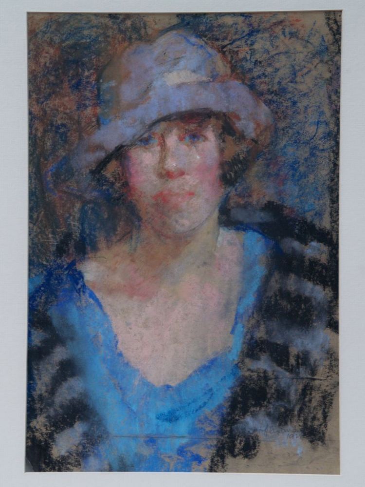 Alexander, L. - Portrait of a young woman with a hat and a fur stole, pastel, signed lower right.