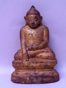 Buddha - Burma, wood, gilt,antique, in meditation posture on a lotus pedestal, his right hand in