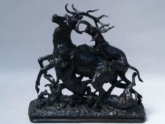Bronze sculpture ''Deer Hunting'' - France, depicting a deer attacked by 3 hounds, naturalistic