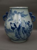 Baluster Vase - China, painted multi-figure landscape in underglaze blue, blue lingzhi stalk