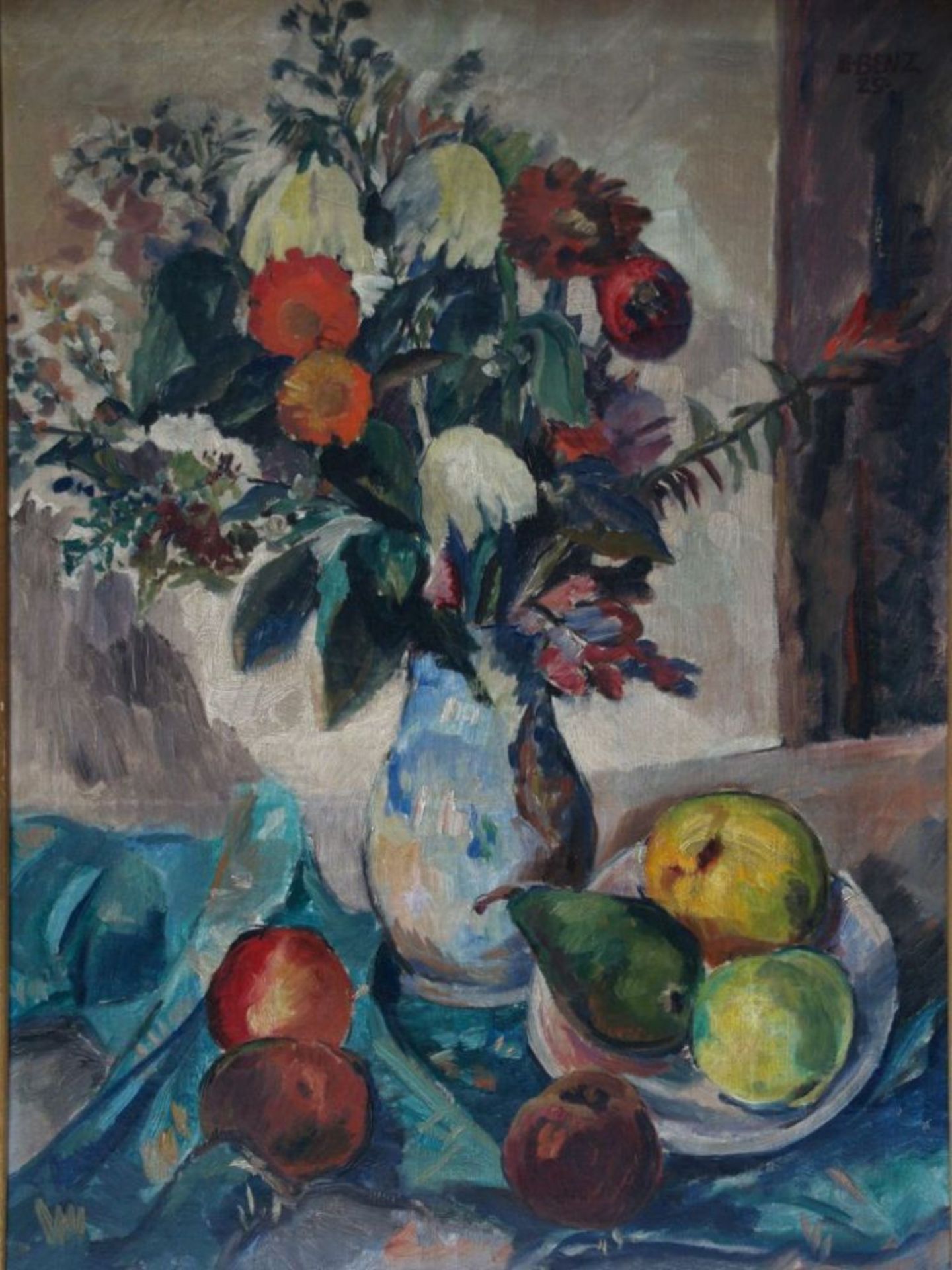 Benz, E. 1925 - Still life with vase of flowers and fruit, oil / canvas, signed upper right and