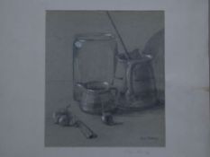 Schulz, Elsa - Still life, pencil drawing on tinted paper, heightened with white, artist's name