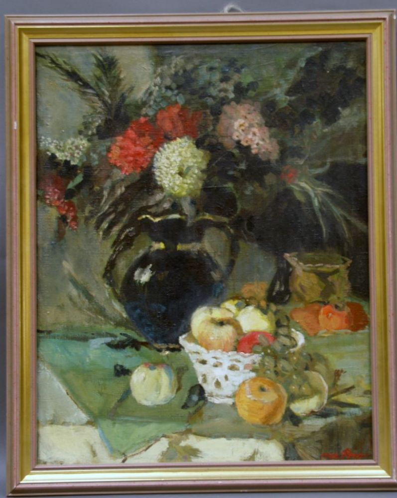 Unknown -Russia End  of the 20th Century- Flower Still Life with Fruit Basket, oil on canvas, signed