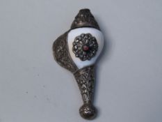 Silver-Mounted Conch Shell Trumpet (Shankha) - Tibet, embossed and engraved silver, coral, decorated