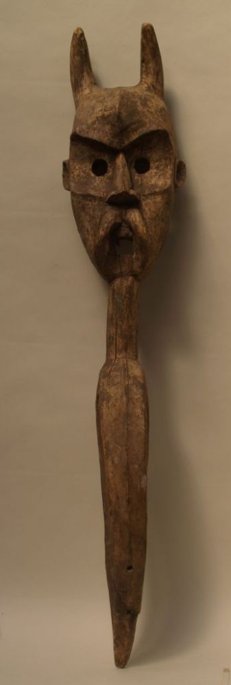 Devil Mask - Central Africa, wood carved, horned mask with eyes and mouth holes, long handle, age