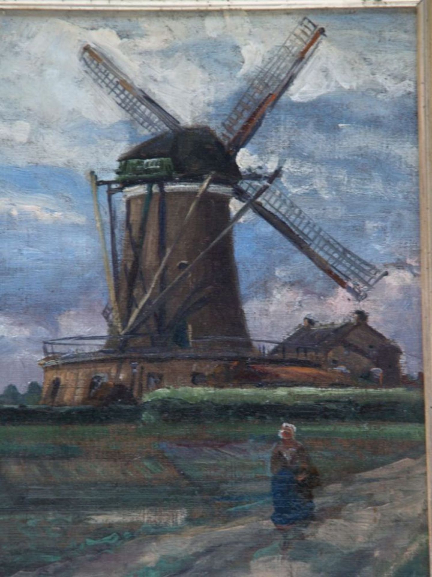 Anonym Anf. 20.Jh. - Windmühle mit Figur, Öl/Lwd./Karton, ca. 24x18cm, Rahmung    Aufrufpreis: 70