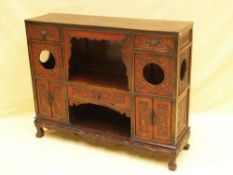 Chinese rack cabinet - wood, red taken with ornate carvings, approx 70x84x25cm    Starting price: