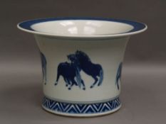 Cachepot - China, overall horse depictions in underglaze blue, blue double ring mark to the base,
