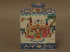 Porcelain Tea Caddy - China, 20th century, rectangular lidded body painted with courtiers and