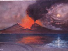 Unknown - Eruption of Mount Vesuvius, oil on canvas, illegibly signed lower left, located and