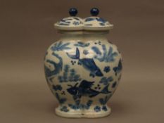 Porcelain Lidded Double Vase - China, 20th century, painted fish pattern in underglaze blue, blue