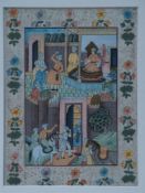 Indian Miniature Silk painting - 20th century India, Moghul Style,multi-figured scene in a palace,