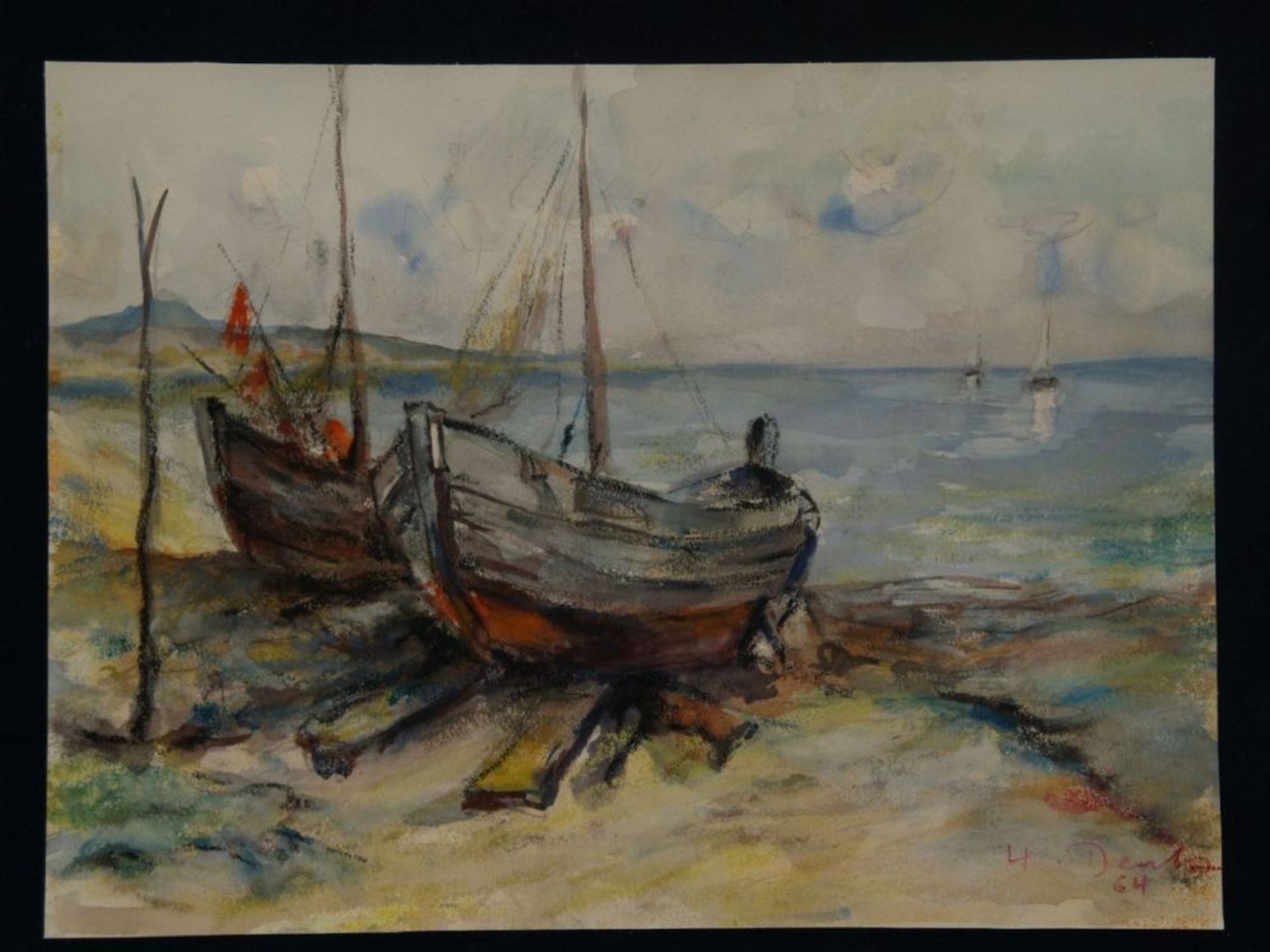 Deutsch (?), H.  - Boats on Shore, mixed technique, signed lower right and dated 64, ca.29x39cm,