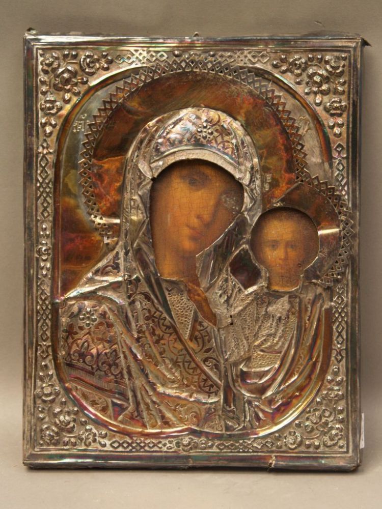 Icon - Russia, Madonna and Child, with 84er Silberoklad, dated 1869, approx 22x17,5cm, signs of age.