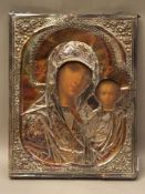 Icon - Russia, Madonna and Child, with 84er Silberoklad, dated 1869, approx 22x17,5cm, signs of age.