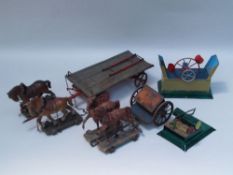 2 teams of horses with wagons - Elastolin-mass-horses with metal carts, painted, used, worn,