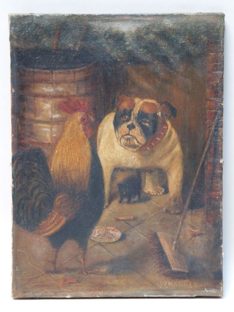 Unknown in 1900 - Bulldog and cock oil / canvas, indistinctly signed lower right: LW Ha ...., ca