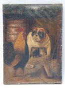 Unknown in 1900 - Bulldog and cock oil / canvas, indistinctly signed lower right: LW Ha ...., ca