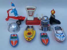 Mixed Lot Tin/Metal Toys - 9 pcs: clockwork toys, scale, boats, various types and conditions,