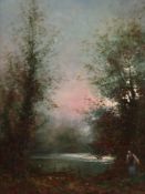 Unknown 20th century. - Forest Lake at dusk with peasant woman, oil / wood, the lower left illegibly