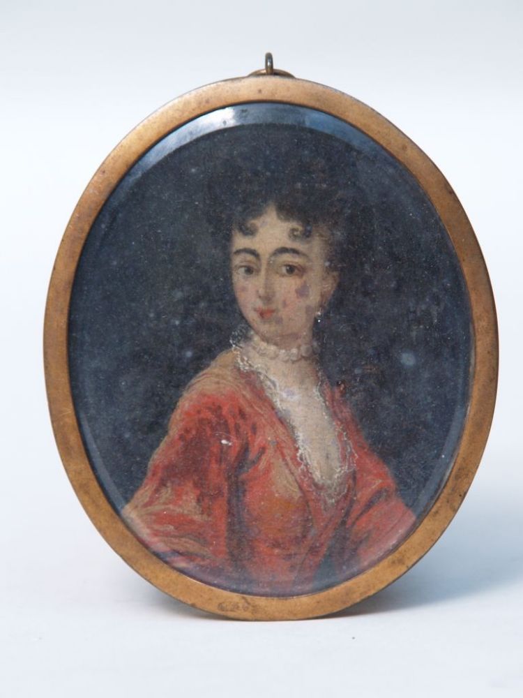 Portrait of a Lady - colored miniature painting on ivory oval plate in old metal framing under