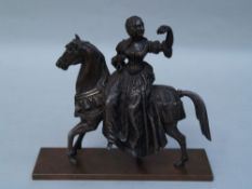Lady on Horseback - Bronze casting mounted in 1900 with silver patina on copper plate surface partly