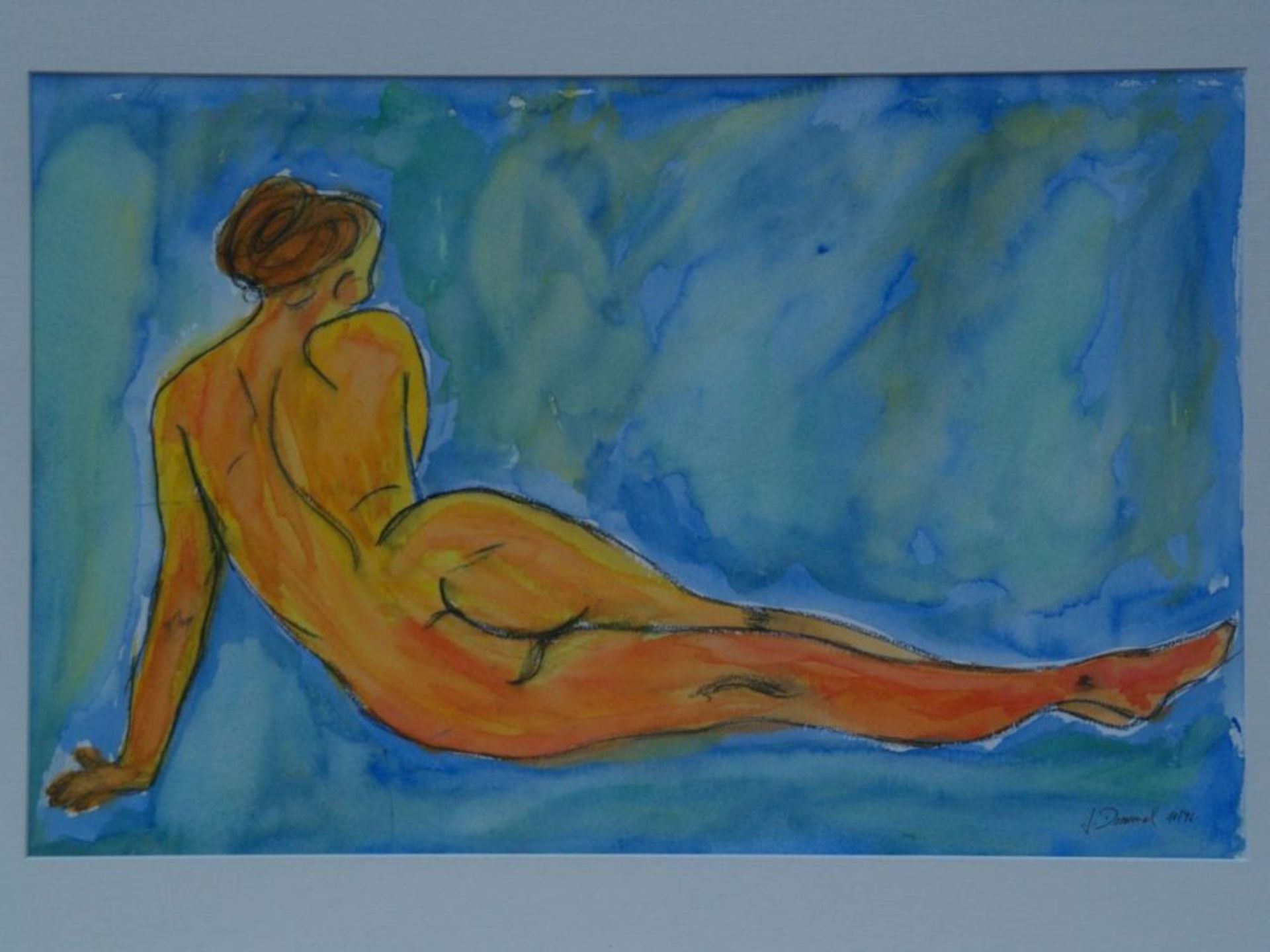 Dommel, J. - Female back, watercolor, signed and dated 10.96, approx 31x48cm, mounted under glass