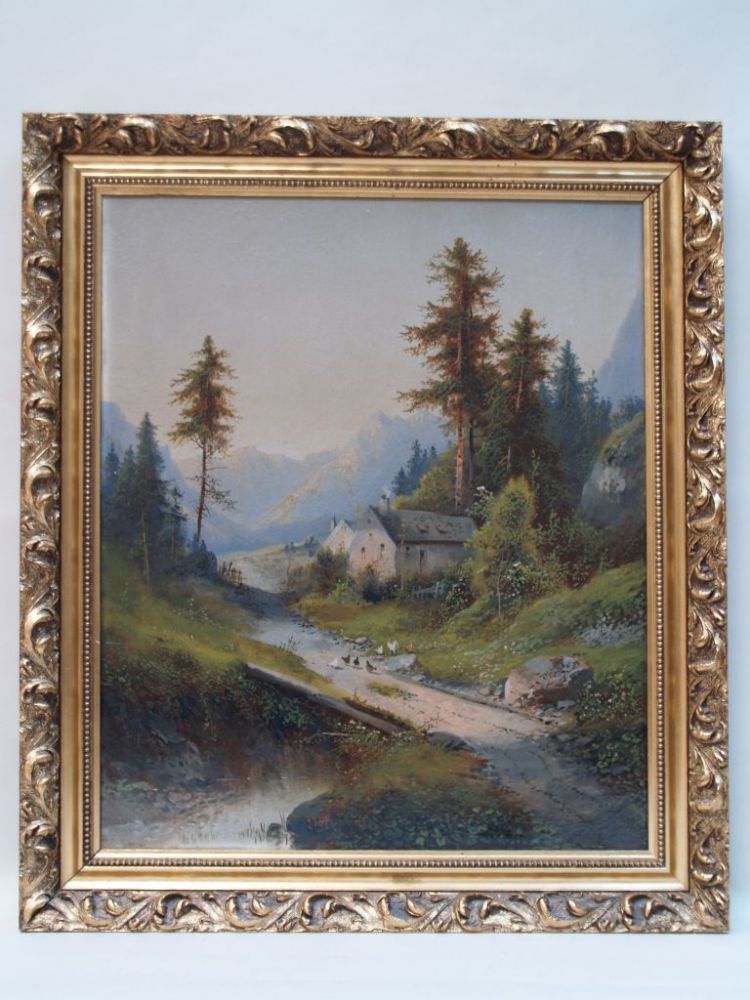 Zopf, Julius 1838-1897 - Alpental with farmhouse and poultry, Oil / canvas, signed, approx