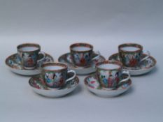 5 small cups with saucers - China, early 20th century, ''Rose Medallion'' pattern,multi-colour