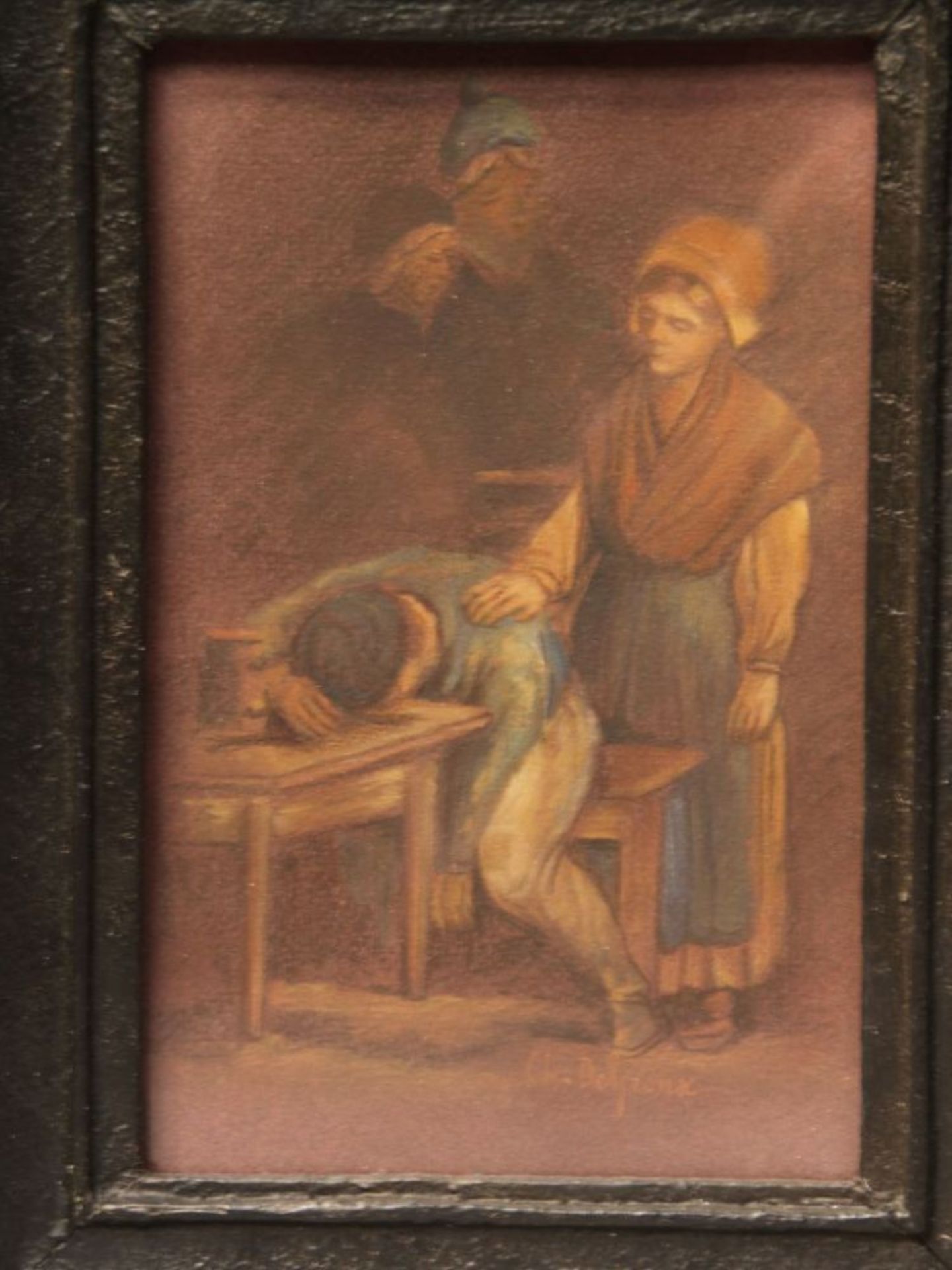 Deliroux (???), Ch. - possibly 19th century - The drunken father in the tavern, pastel, signed lower
