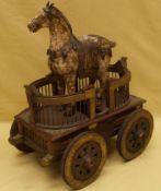Horse and Chariot - possibly India, wood,horse figurine bone covered, carved and engraved, minor