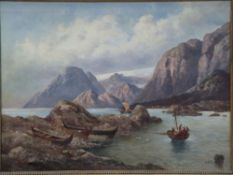 Watson, Harry (1871-1936, probably) - Fishing boats off the Norwegian rocky coast, oil on canvas,