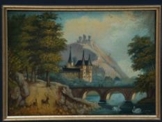 Unknown late 19th century. - Castle on the river, oil / wood, verso dated August 9, 84, about