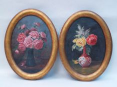 Anonymous /Amateur artist -19th Century - 4 Still lifes with roses, oil on canvas, oval, c.36x25,