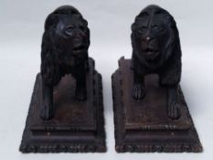 Pair of  lions -  19th century, full round sculpted wooden figures on rectangular stepped