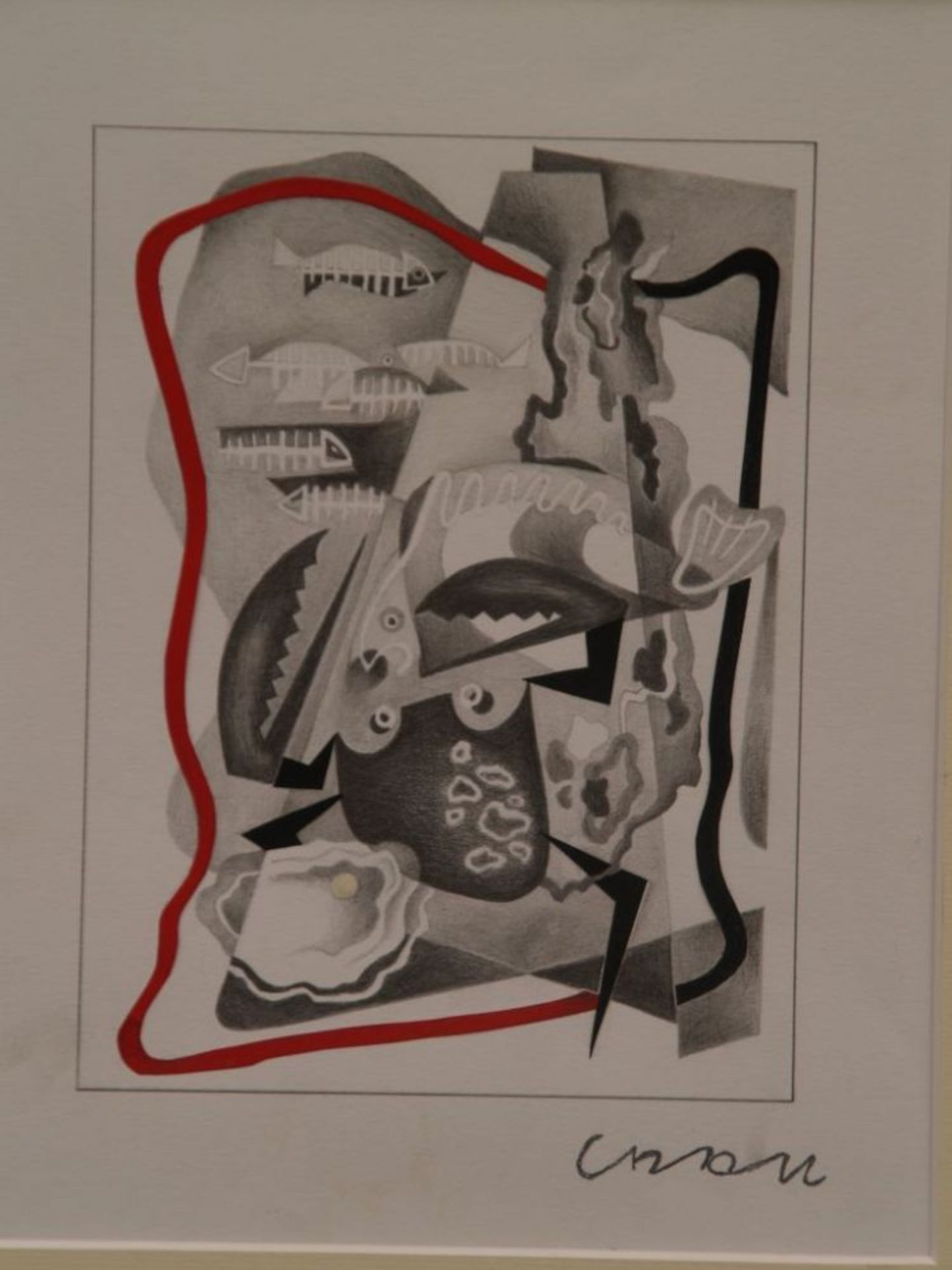 Crali, Tullio (1910-2000 Igalo-Milan) - Composition with fish, pencil drawing and collage, signed,