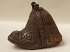 Spanish / Portuguese Iron-Mounted Wood Stirrup - 18th / 19th Century, wood / metal / leather, H /