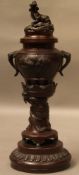 Censer - China, 20th century, bronze cast, high dragon adorned foot, vessel ornate with raised