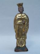 Saint Figurine - carved wood, flattened back,color and gilding, H.ca.25, 5cm, partially worn and