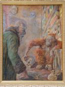 Unknown -1960's- Darwin in his study with a monkey playing with a human skull, oil on plate, c.