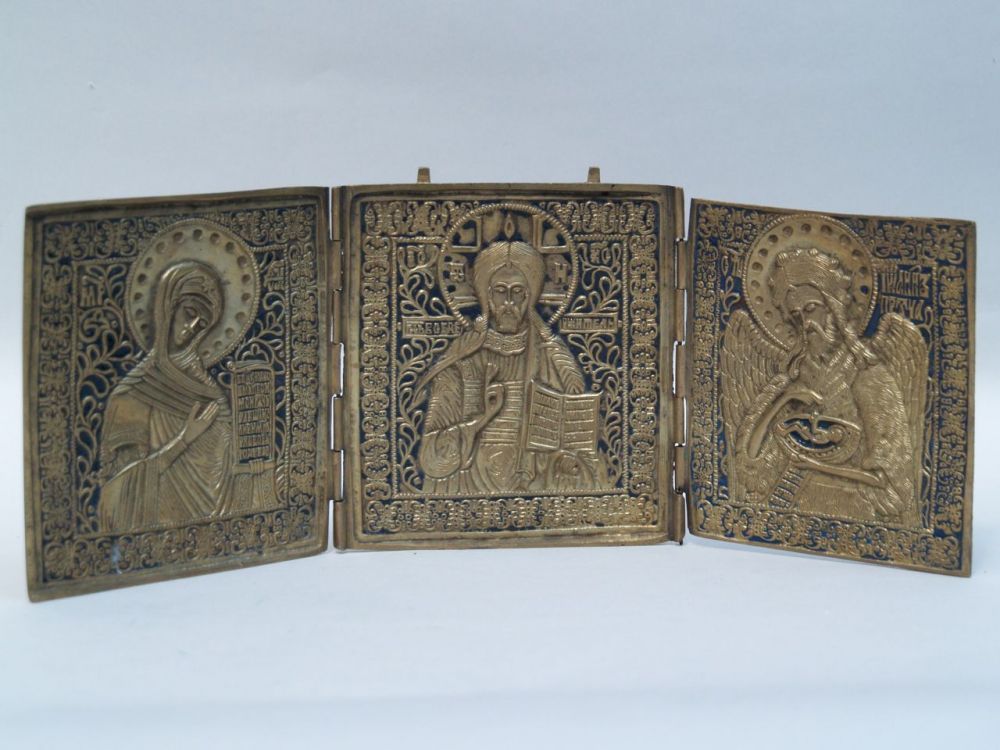 Russian Bronze Triptych Deesis Icon - 19th Century Russia,decorated in black enamel,three folded