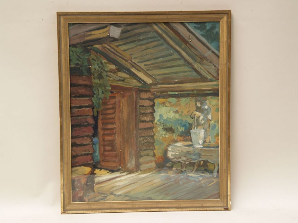 Unknown early 20th century. , Framed fountain in front of the wooden house, deck colors, signed