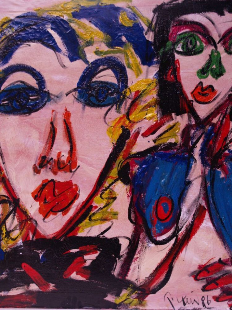 Keil, Peter Robert (born 1942 Züllichau) - Two heads, acrylic on pink canvas, signed lower left