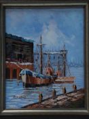 Unknown 20th century. - Sailboats in the harbor, Oil / panel, illegible signed, approx 30x22cm,