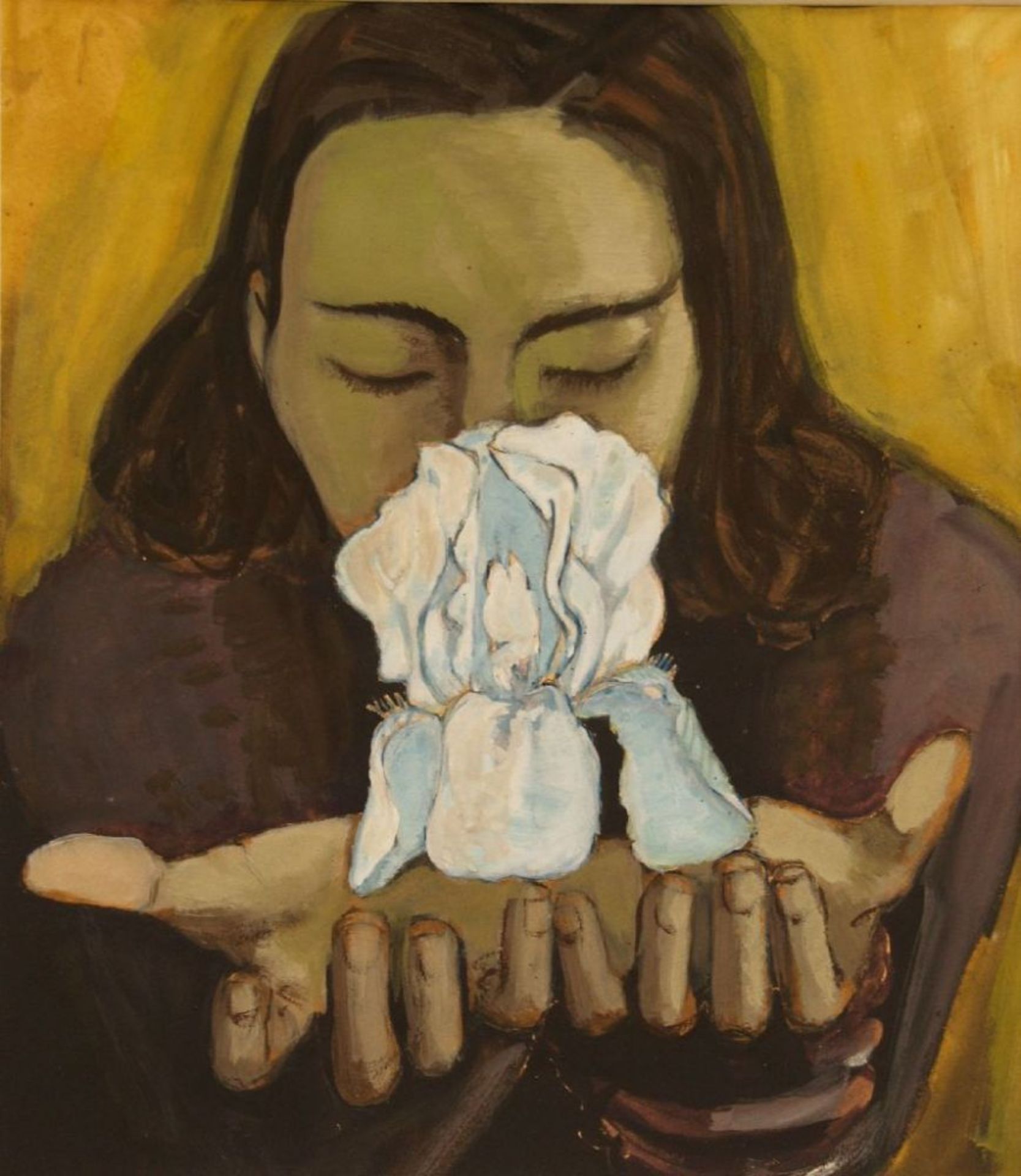 Anonym 20.Jhdt. - Mädchen mit Blüte in den Händen, Mischtechnik, ca. 31x27cm im PP unter Glas