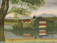 Unknown  - South German Landscape with lake and island, oil / canvas, indistinctly signed lower left