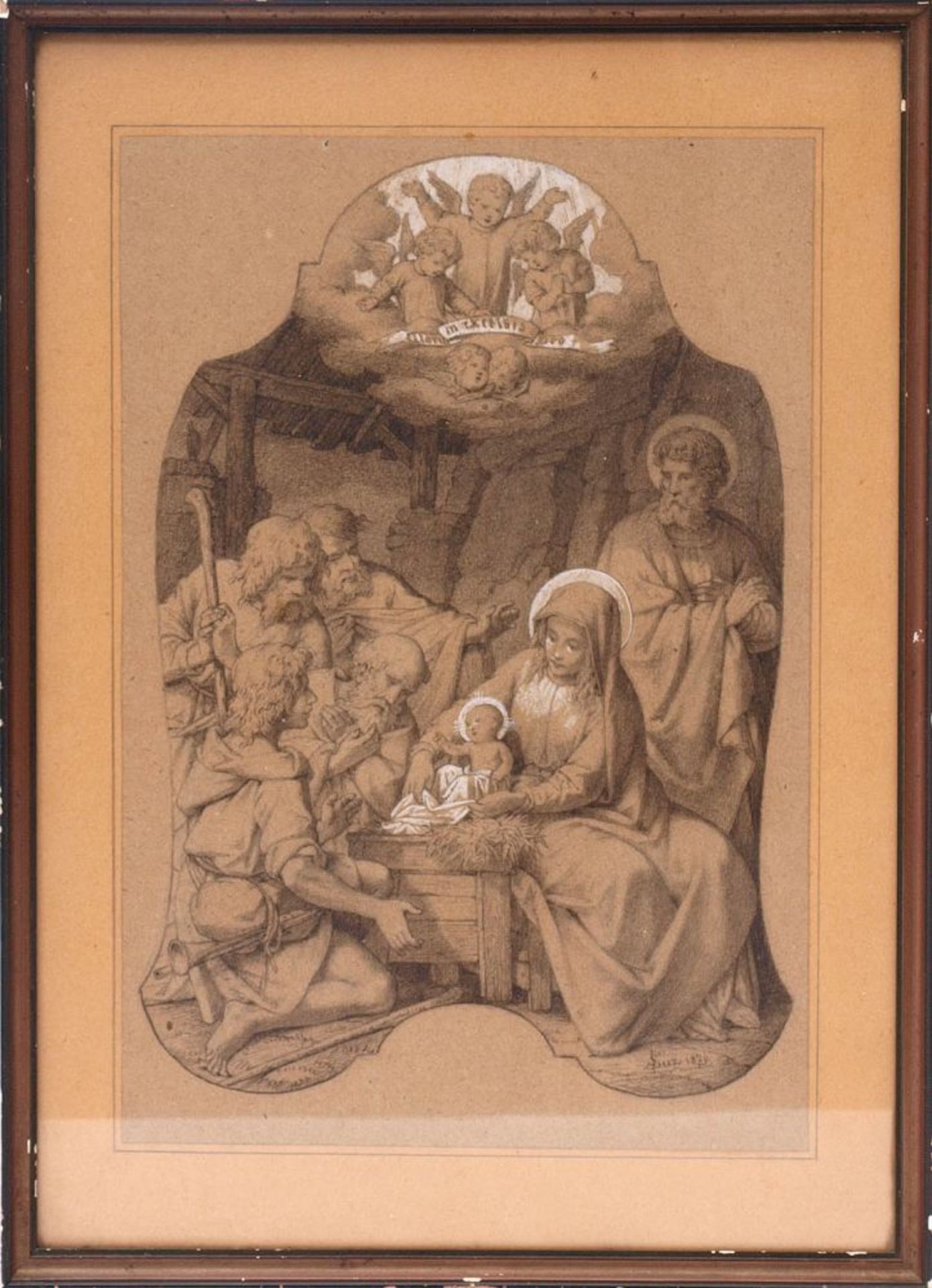 Luz, Sebastian, 1836 - 1898 Blick auf die Krippe mit Maria, Josef und den Hirten, darüber die Engel.