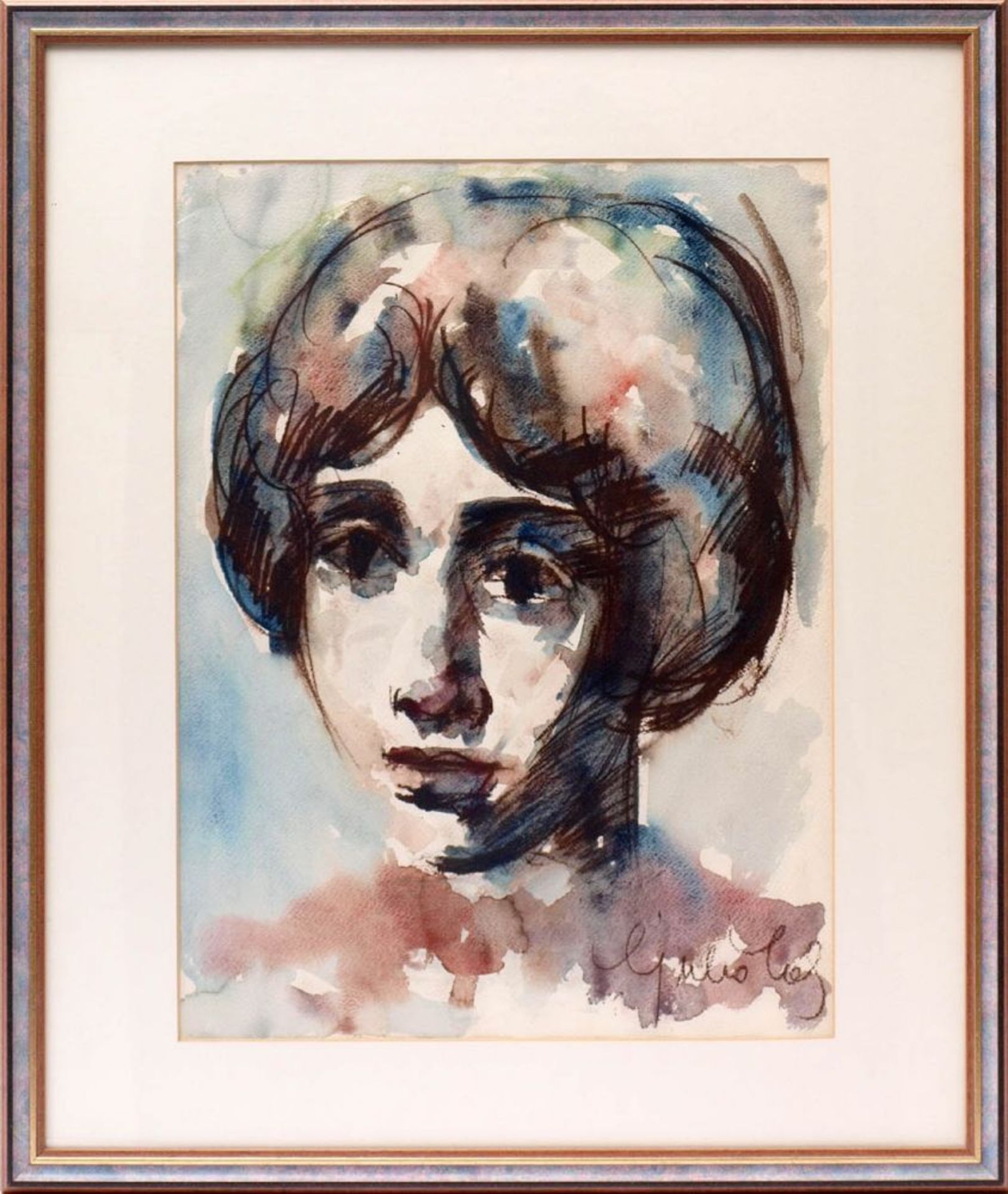 Lah, Ljubo, geb.1930 Den Betrachter anblickendes Portrait einer jungen Frau. Aquarellierte